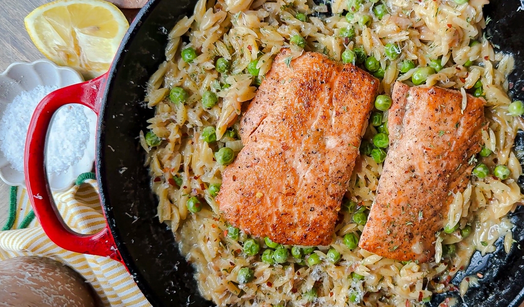 One Pan Creamy Parm and Lemon Orzo and Salmon