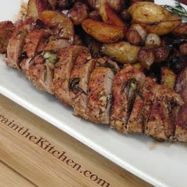 Balsamic Rosemary Pork Tenderloin with Potatoes and Pearl Onions