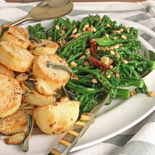 Parm Roasted Potatoes and Garlic and Pine Nut Broccolini