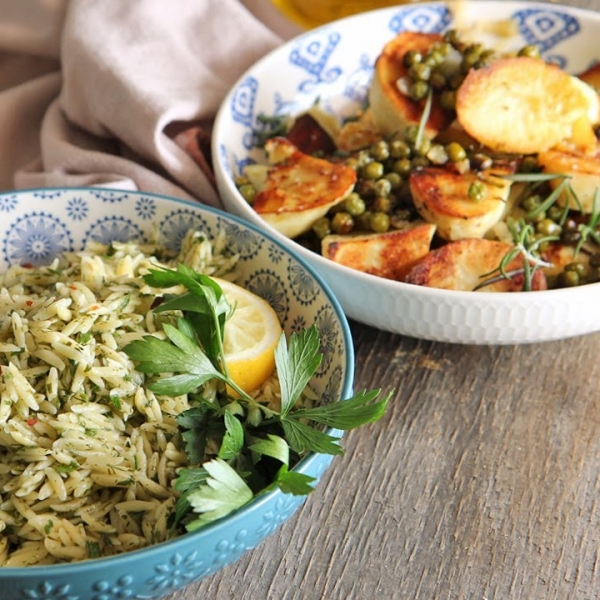 Potatoes with Peas and Rosemary and Herby Orzo